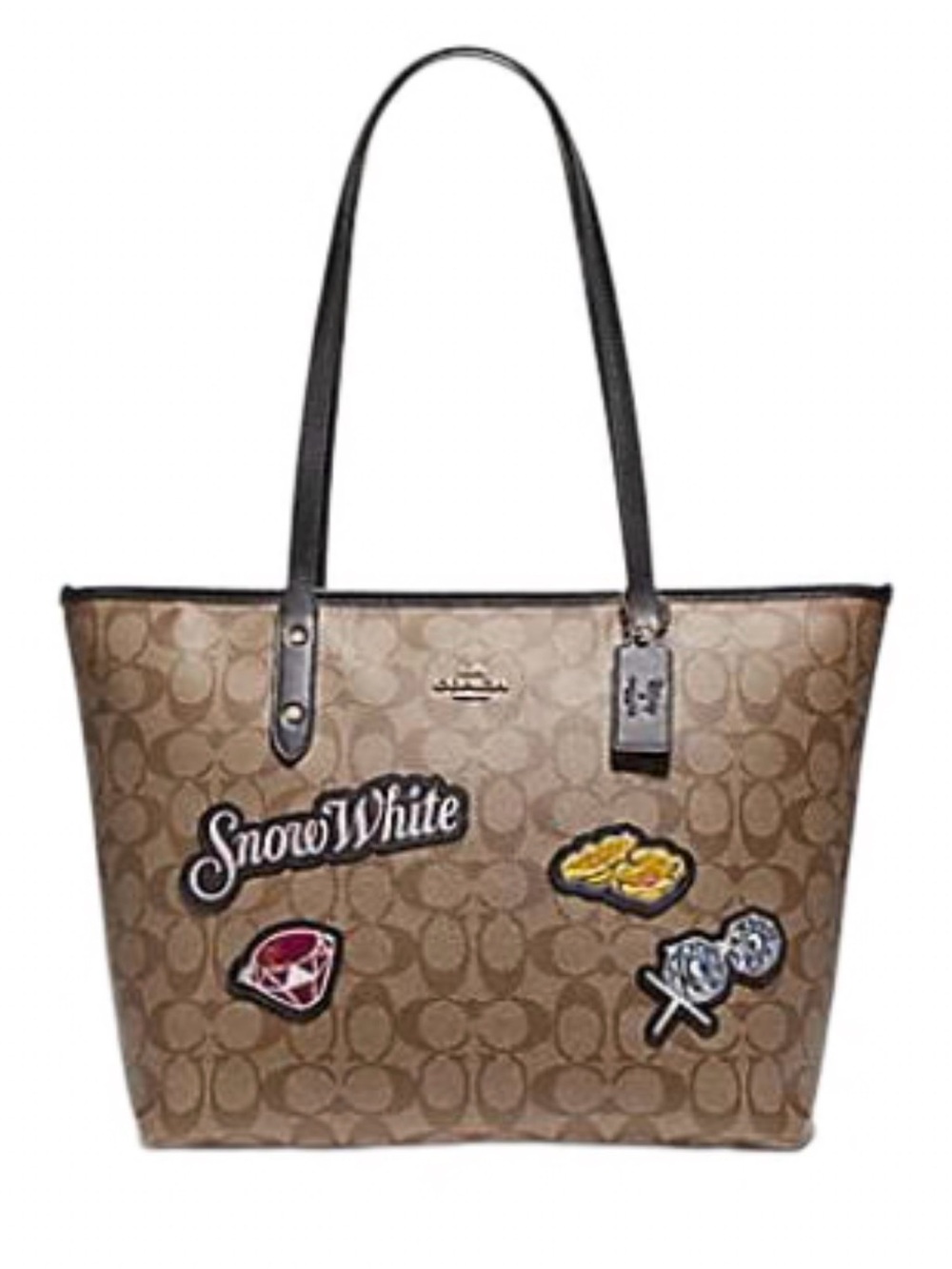 Coach Brown Signature Canvas Tote with Snow White Patches